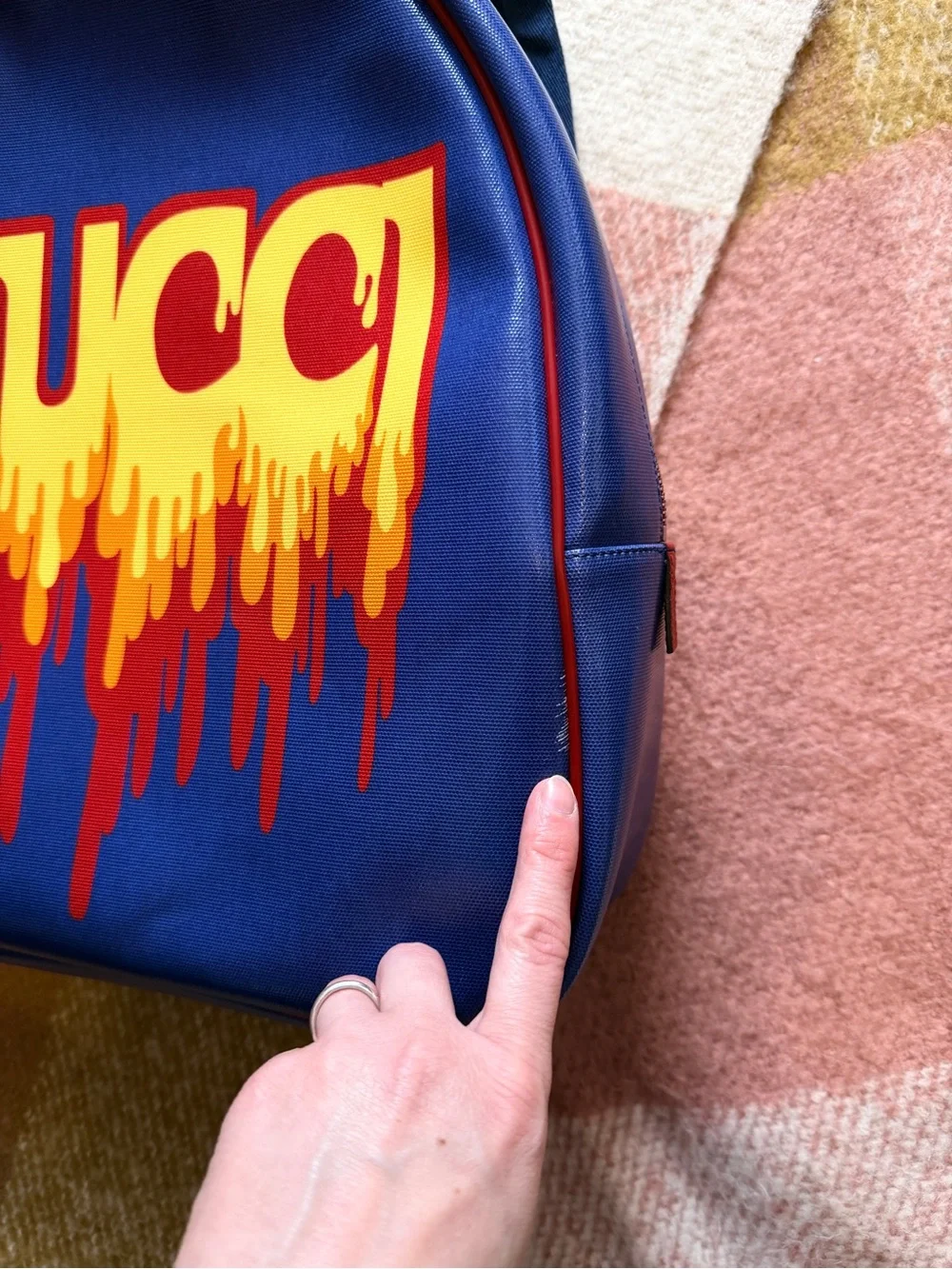 Gucci Blue Leather Backpack with Drip Logo in Yellow and Red